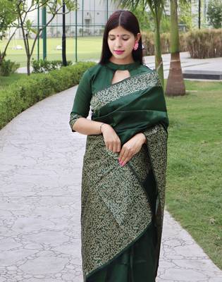 Women's Green Handloom  Silk Blend Printed Border Traditional Saree with Blouse 2