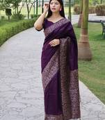 Women's Purple Handloom  Silk Blend Printed Border Traditional Saree with Blouse