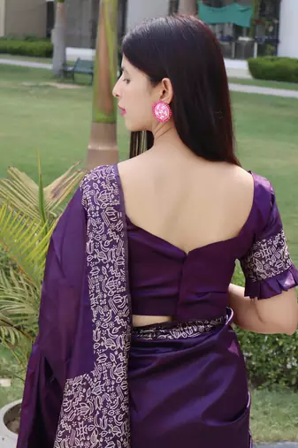 Women's Purple Handloom  Silk Blend Printed Border Traditional Saree with Blouse