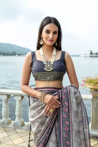 Women's Grey Soft Silk Blend Zari Woven Traditional Saree with Blouse