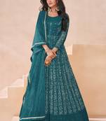 Teal georgette neck embroidered printed anarkali gown with dupatta