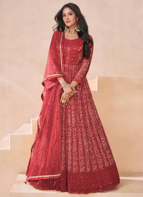 Red georgette neck embroidered printed anarkali gown with dupatta 1