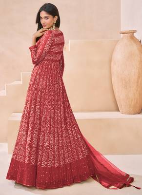 Red georgette neck embroidered printed anarkali gown with dupatta 2