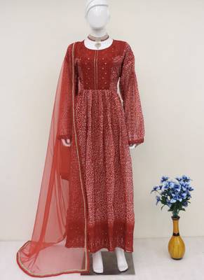 Red georgette neck embroidered printed anarkali gown with dupatta 3