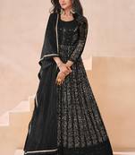 Black georgette neck embroidered printed anarkali gown with dupatta