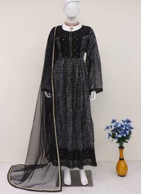 Black georgette neck embroidered printed anarkali gown with dupatta 3