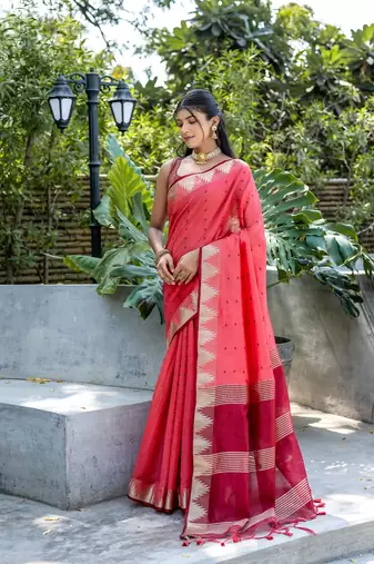 Women's Coral Tussar Silk Blend Temple Border with Zari Lining Traditional Saree with Blouse