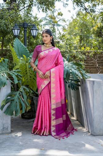 Women's Pink Tussar Silk Blend Temple Border with Zari Lining Traditional Saree with Blouse