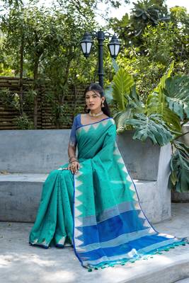 Women's Rama Tussar Silk Blend Temple Border with Zari Lining Traditional Saree with Blouse 2