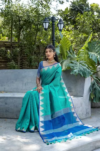Women's Rama Tussar Silk Blend Temple Border with Zari Lining Traditional Saree with Blouse