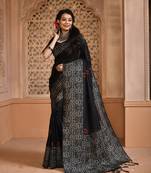 Women's Black Handloom  Silk Blend Weaving Pallu Traditional Saree with Blouse