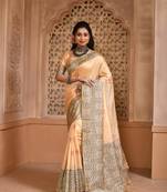 Women's Cream Handloom  Silk Blend Weaving Pallu Traditional Saree with Blouse