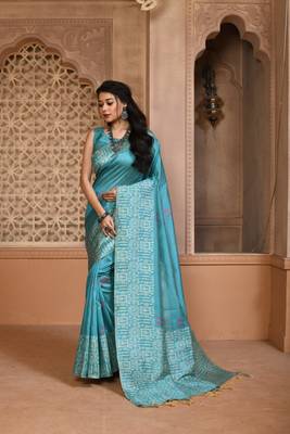 Women's Firozi Handloom  Silk Blend Weaving Pallu Traditional Saree with Blouse 1