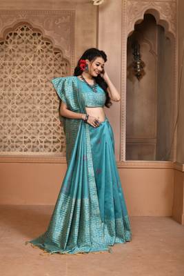 Women's Firozi Handloom  Silk Blend Weaving Pallu Traditional Saree with Blouse 2