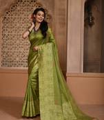 Women's Green Handloom  Silk Blend Weaving Pallu Traditional Saree with Blouse