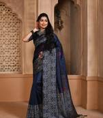 Women's Navy Blue Handloom  Silk Blend Weaving Pallu Traditional Saree with Blouse