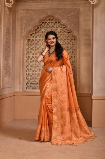Women's Orange Handloom  Silk Blend Weaving Pallu Traditional Saree with Blouse