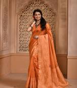 Women's Orange Handloom  Silk Blend Weaving Pallu Traditional Saree with Blouse