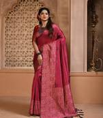 Women's Rani Pink Handloom  Silk Blend Weaving Pallu Traditional Saree with Blouse