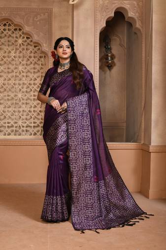 Women's Purple Handloom  Silk Blend Weaving Pallu Traditional Saree with Blouse