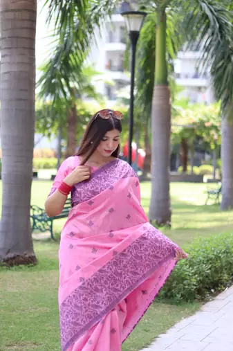 Women's Baby Pink Handloom  Silk Blend Weaving Pallu Traditional Saree with Blouse