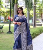 Women's Navy Blue Handloom  Silk Blend Weaving Pallu Traditional Saree with Blouse