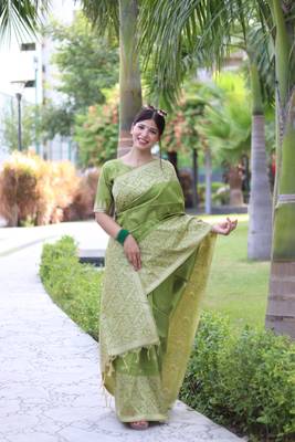 Women's Mehendi Handloom  Silk Blend Weaving Pallu Traditional Saree with Blouse 2