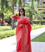 Women's Red Handloom  Silk Blend Weaving Pallu Traditional Saree with Blouse