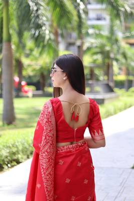 Women's Red Handloom  Silk Blend Weaving Pallu Traditional Saree with Blouse 4