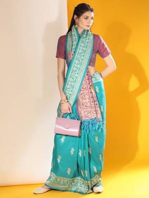 Women's Firozi Soft  Silk Blend Tow Tone Weaving Traditional Saree with Blouse 1