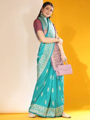 Women's Firozi Soft  Silk Blend Tow Tone Weaving Traditional Saree with Blouse 2