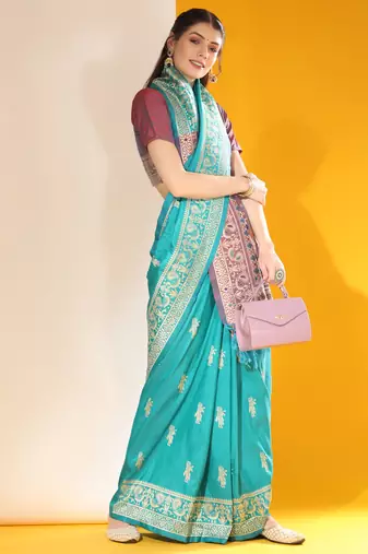 Women's Firozi Soft  Silk Blend Tow Tone Weaving Traditional Saree with Blouse
