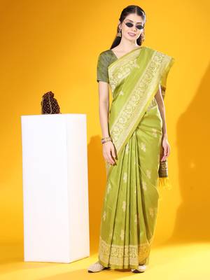 Women's Mehendi Soft  Silk Blend Tow Tone Weaving Traditional Saree with Blouse 1