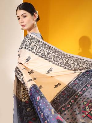 Women's Off White Soft  Silk Blend Tow Tone Weaving Traditional Saree with Blouse 3
