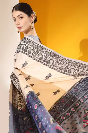 Women's Off White Soft  Silk Blend Tow Tone Weaving Traditional Saree with Blouse