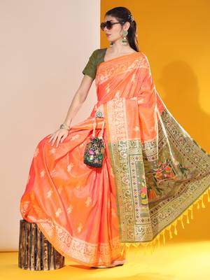 Women's Orange Soft  Silk Blend Tow Tone Weaving Traditional Saree with Blouse 2