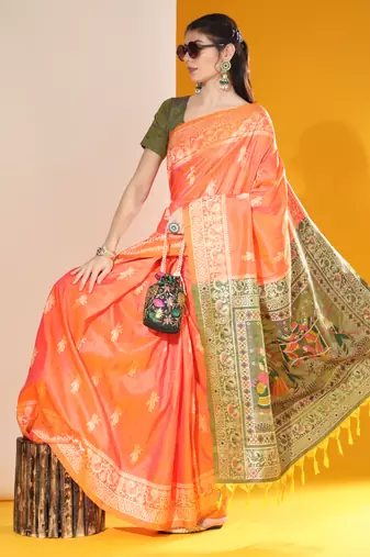 Women's Orange Soft  Silk Blend Tow Tone Weaving Traditional Saree with Blouse