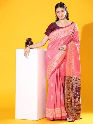 Women's Pink Soft  Silk Blend Tow Tone Weaving Traditional Saree with Blouse 1