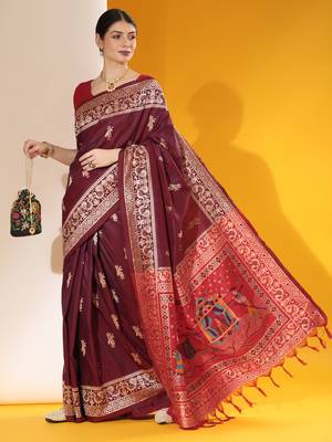 Women's Wine Soft  Silk Blend Tow Tone Weaving Traditional Saree with Blouse 1