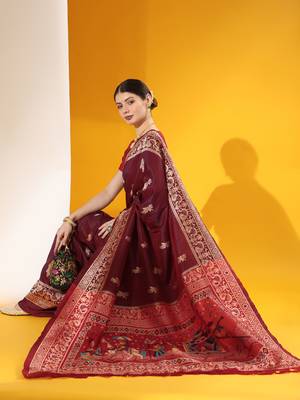 Women's Wine Soft  Silk Blend Tow Tone Weaving Traditional Saree with Blouse 2