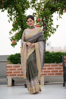 Women's Verdun Green Soft Tussar Silk Blend Traditional Print & Zari Border Saree with Blouse 1
