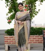 Women's Verdun Green Soft Tussar Silk Blend Traditional Print & Zari Border Saree with Blouse
