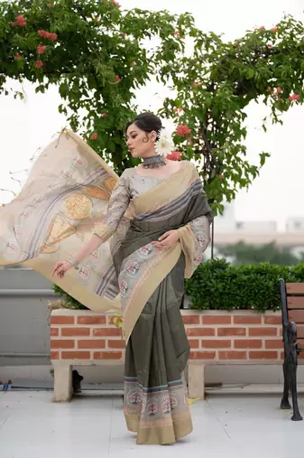 Women's Verdun Green Soft Tussar Silk Blend Traditional Print & Zari Border Saree with Blouse