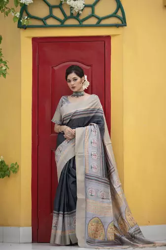 Women's Black Soft Tussar Silk Blend Traditional Print & Zari Border Saree with Blouse
