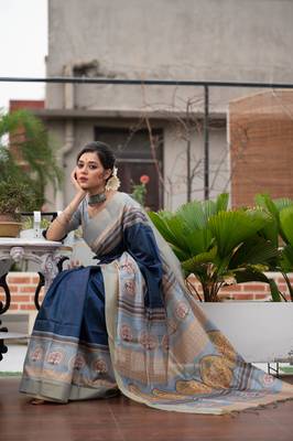 Women's Navy Blue Soft Tussar Silk Blend Traditional Print & Zari Border Saree with Blouse 1