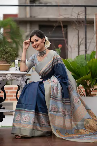 Women's Navy Blue Soft Tussar Silk Blend Traditional Print & Zari Border Saree with Blouse