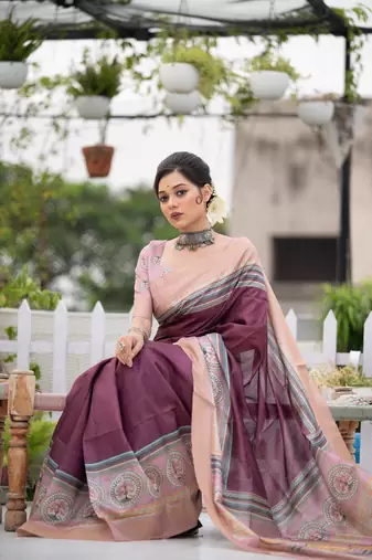Women's Wine Soft Tussar Silk Blend Traditional Print & Zari Border Saree with Blouse
