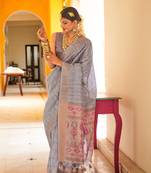 Grey designer handloom tusser silk saree with blouse
