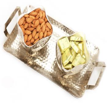 Diwali hampers- silver aluminium chocolate and almonds tray 1