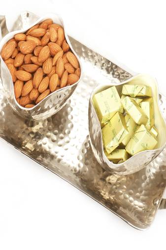 Diwali hampers- silver aluminium chocolate and almonds tray